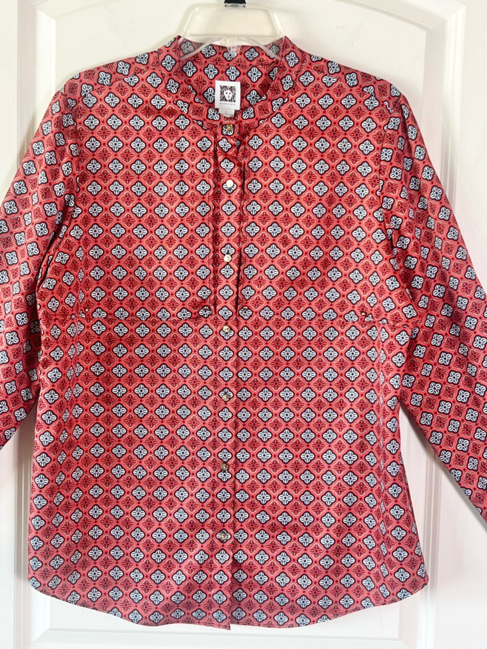 Anne Klein Geometric Print Blouse Large Orange Navy Gold Button Up Career